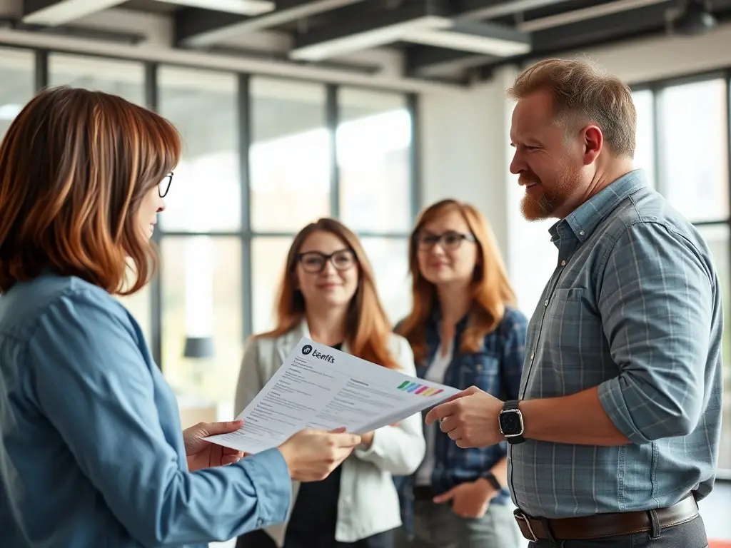 Benefits consultant discussing options with employees in an office.