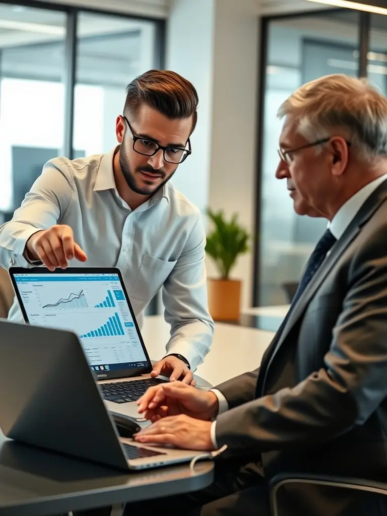 Consultant discussing payroll management solutions with a client in an office.