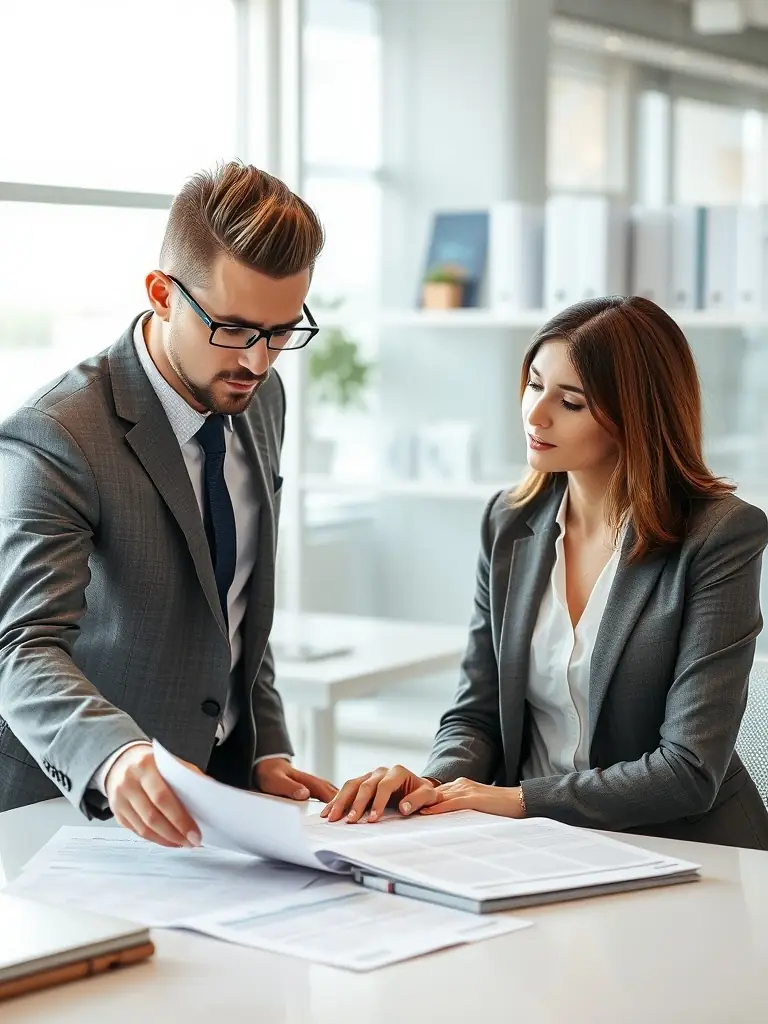 Consultant reviewing employee benefits plans with a client.