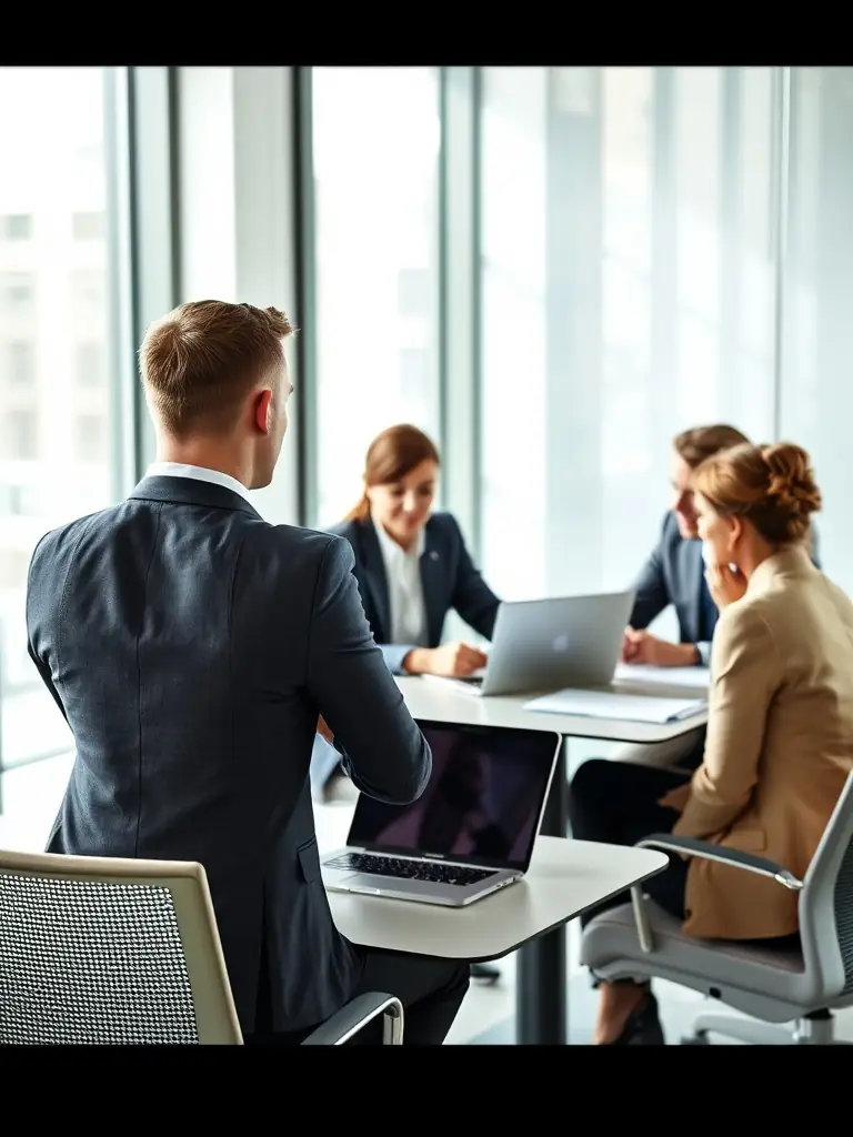 HR consultant discussing strategies with a diverse team in a modern office.