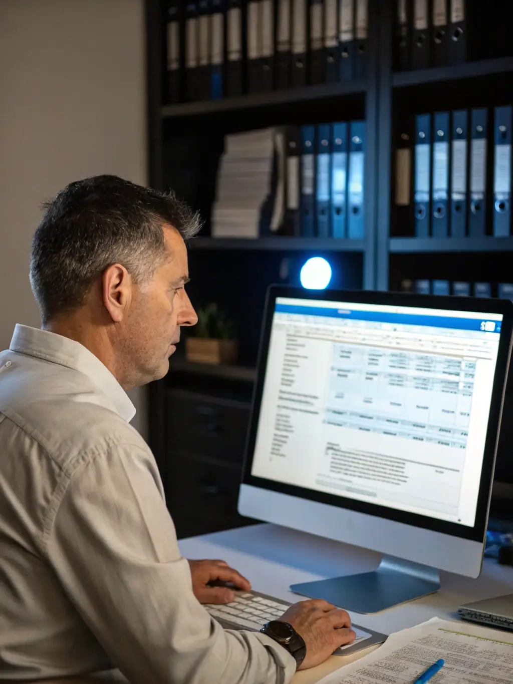 A manager using a talent management calculator on a desktop computer, with a diverse team of employees collaborating in the background.