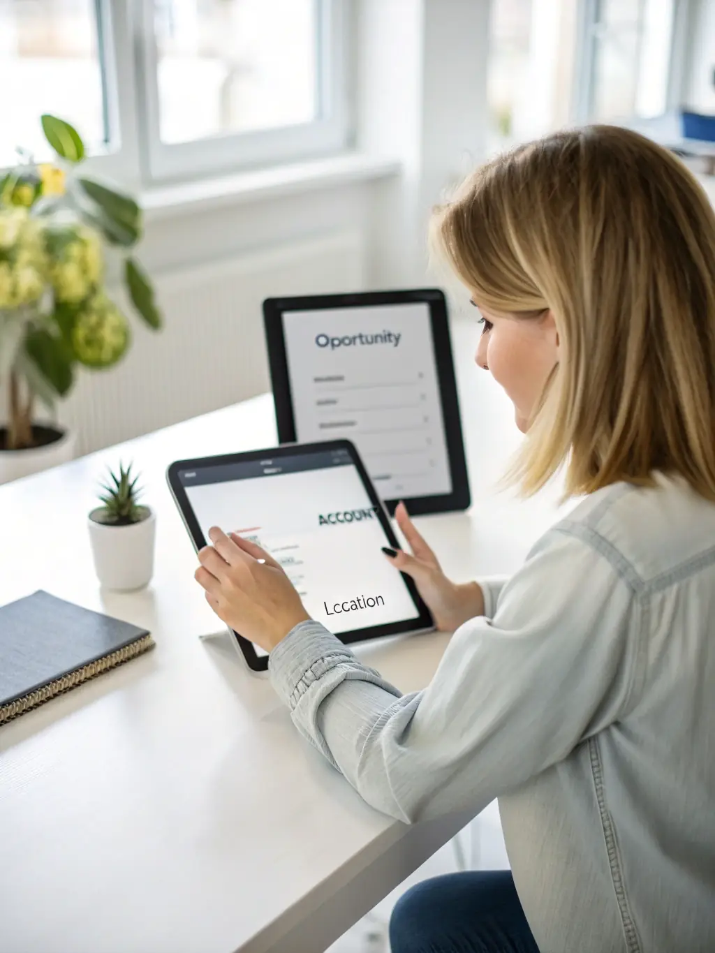 An employee reviewing their benefits package on a tablet, with a happy and confident expression, representing informed benefits decisions.