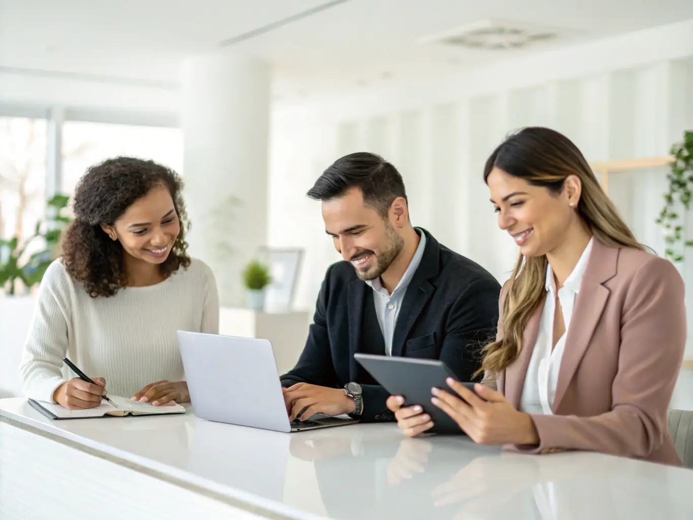 A diverse group of employees accessing life insurance quotes on various devices—laptop, tablet, and smartphone—in a bright office setting, highlighting easy access and inclusivity.