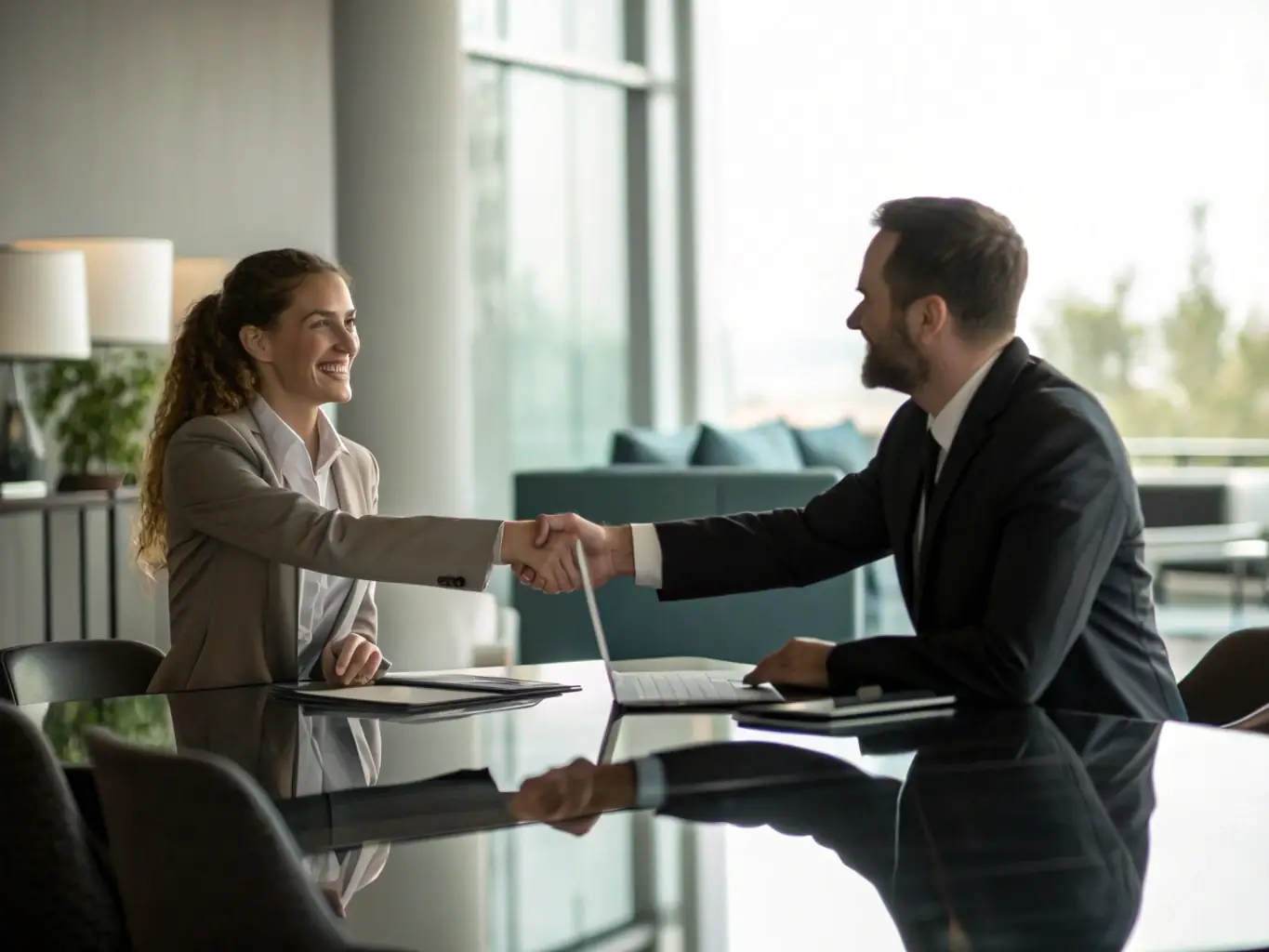 A confident HR consultant shaking hands with a satisfied client in a corporate meeting room, with visible charts and documents showing reliable results and trustworthiness.